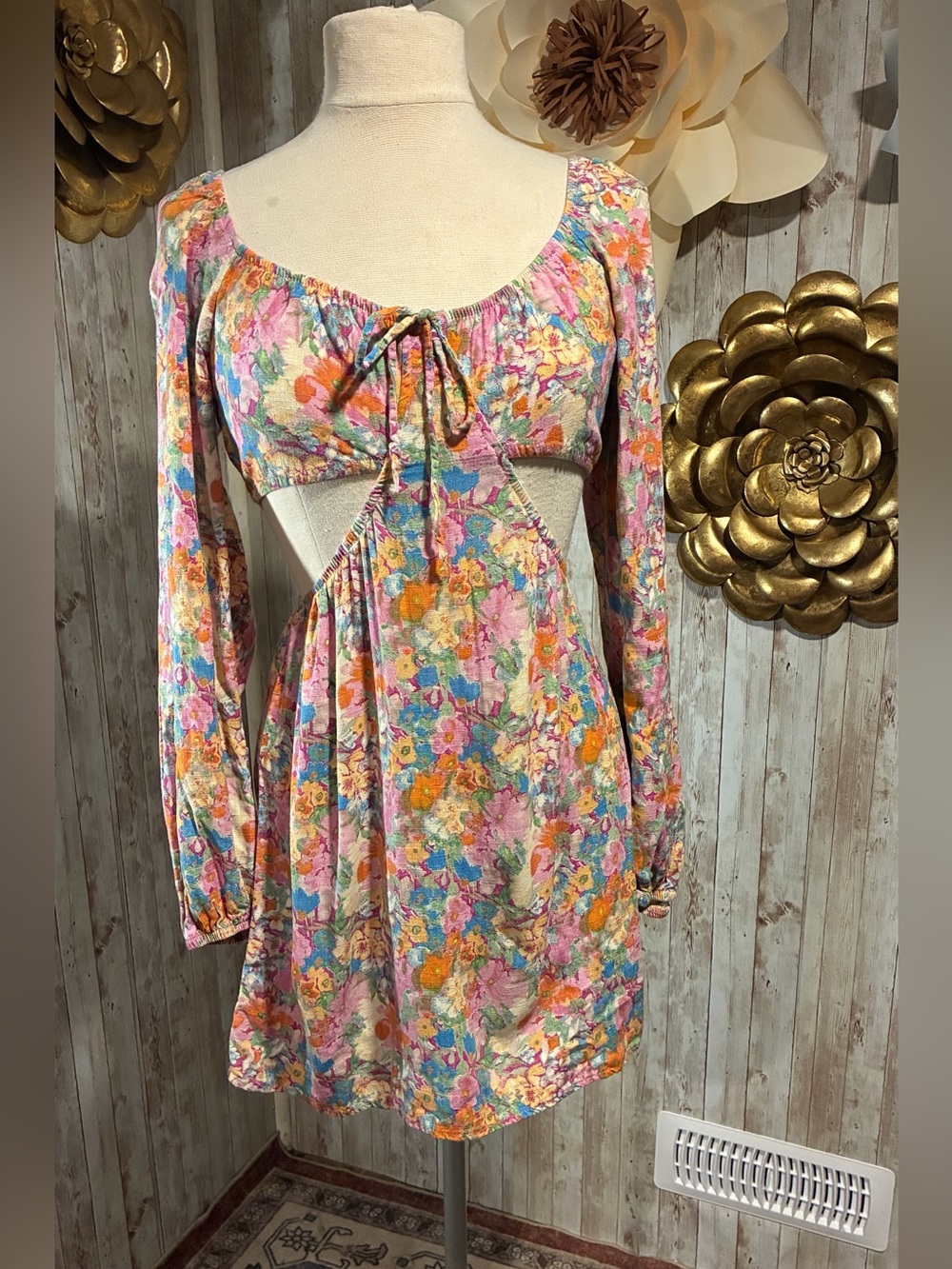 wild fable Floral Cutout Long-Sleeve Mini Dress - Pink, Orange, Blue